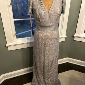 Tadashi Shoji Silver Flutter Sleeve Plunge Maxi Dress